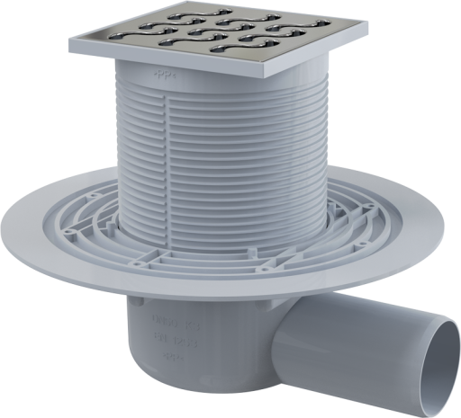 Сливной трап 105×105/50 мм боковой сток, решетка из нержавеющей стали, гидрозатвор мокрый Alcadrain APV102