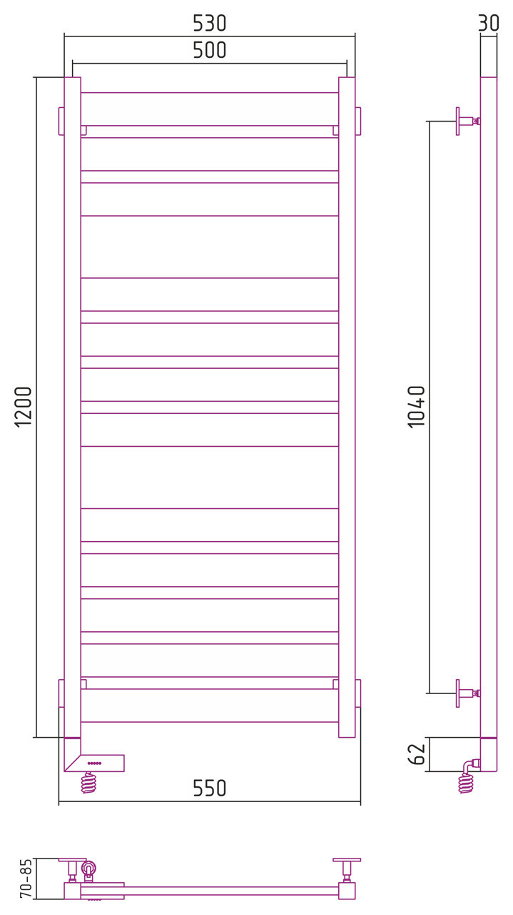 Полотенцесушитель электрический Сунержа Центурион 2.0 1200x500 МЭМ левый Матовый чёрный