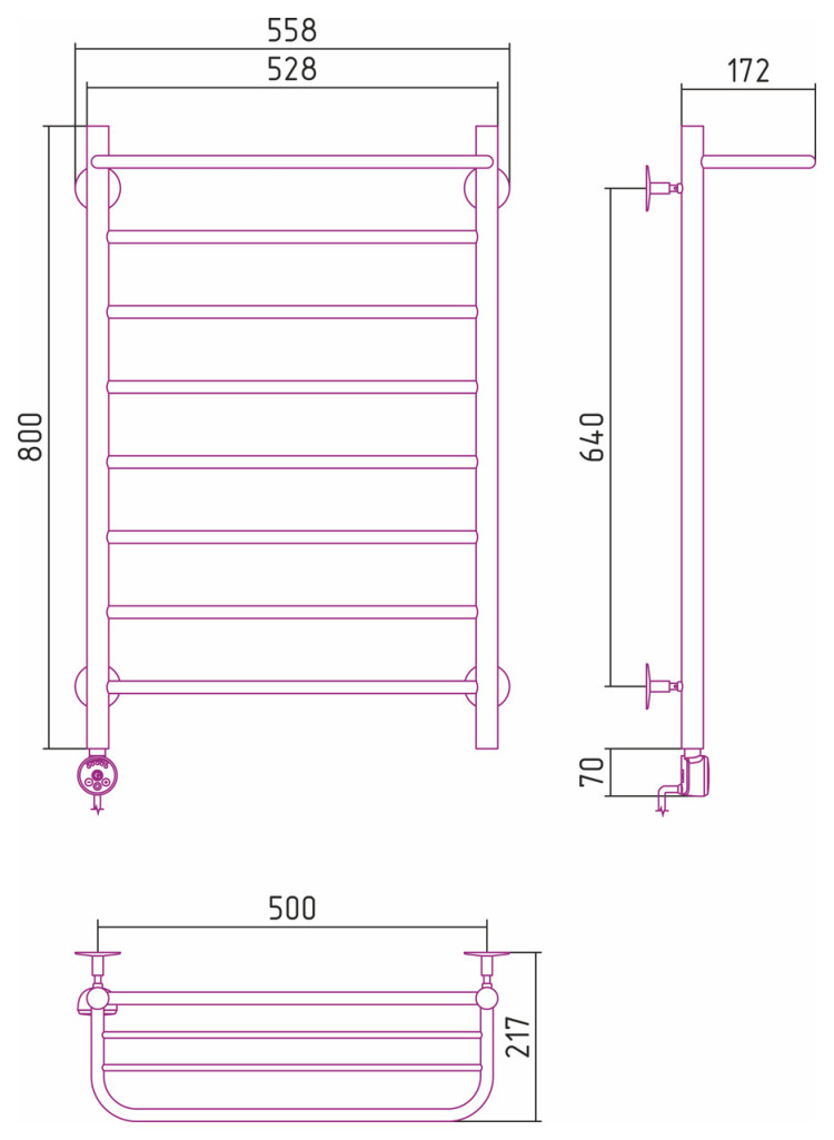 Полотенцесушитель электрический Стилье Формат 20 ТЛ 800х500 (Полка + 7) П16 Без покрытия