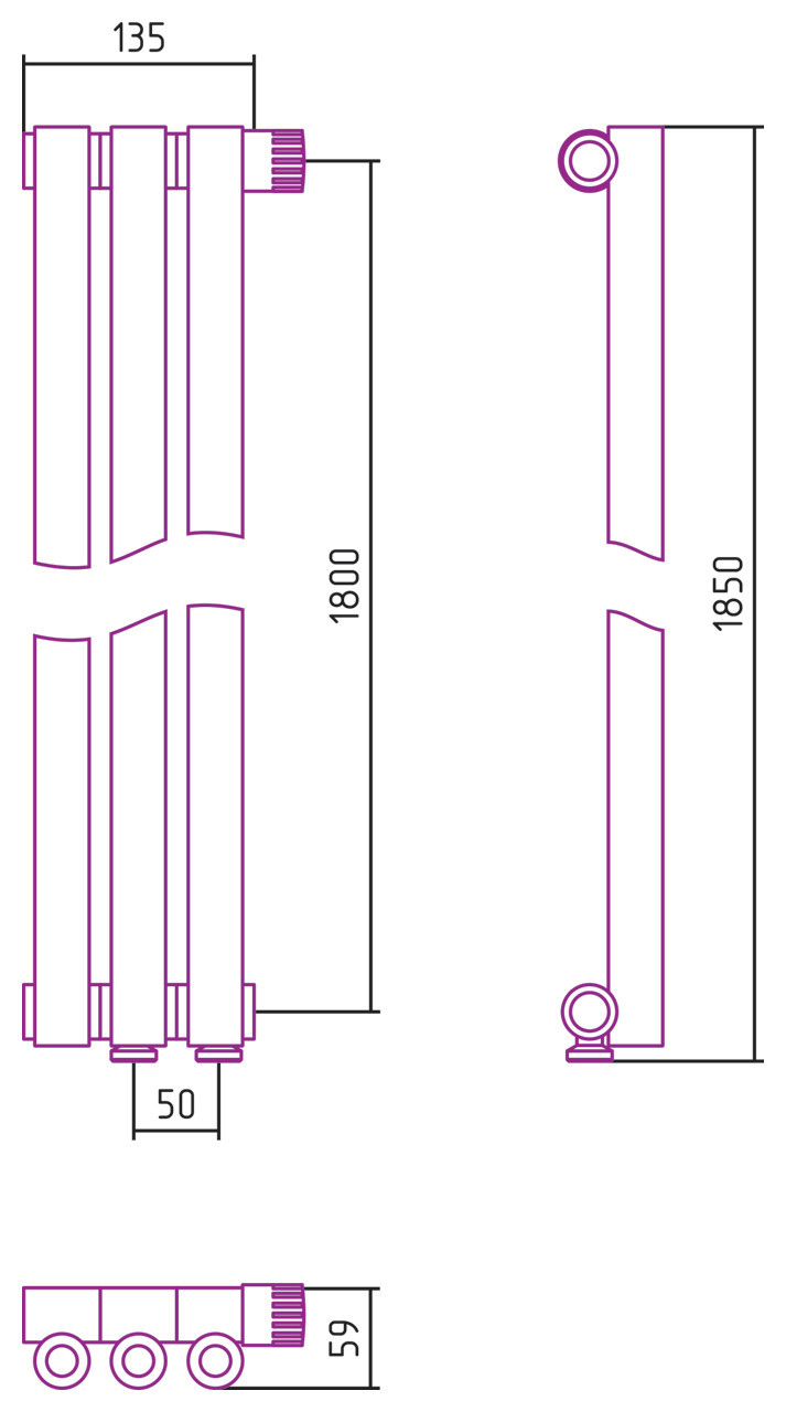 Отопительный радиатор Сунержа Эстет-0 EU50 правый 1800х135 3 секции Тёмный титан муар