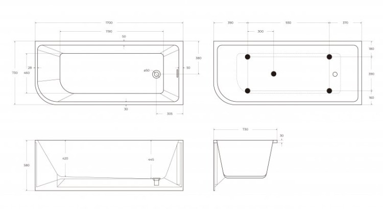 Пристенная, прямоугольная акриловая ванна в комплекте со сливом-переливом Cezares BB712-1500-730-R