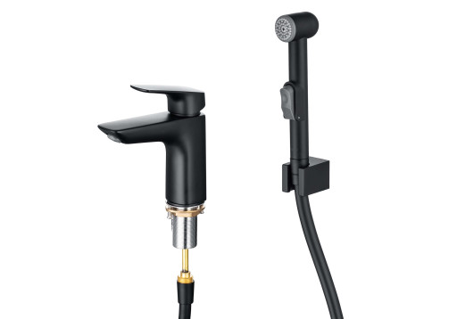 Смеситель для раковины 97 с гигиеническим ручным душем Aquatek, матовый черный AQ1012MB ВЕГА