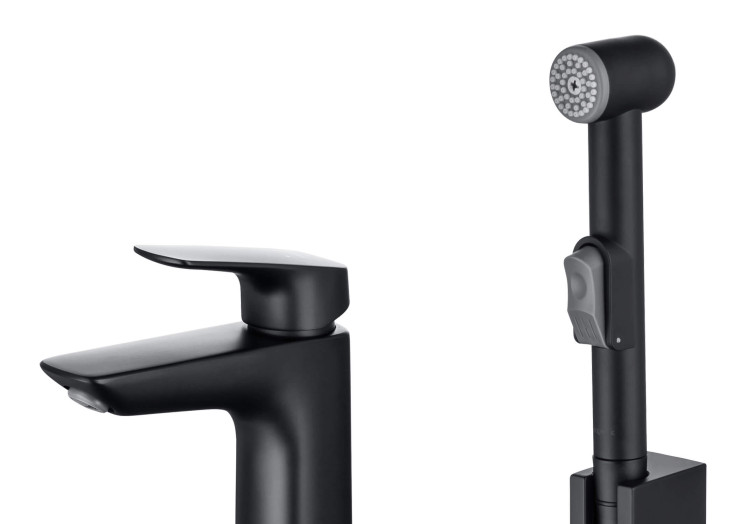 Смеситель для раковины 97 с гигиеническим ручным душем Aquatek, матовый черный AQ1012MB ВЕГА