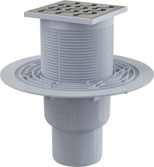 Сливной трап 105×105/50/75 мм прямой сток, решетка из нержавеющей стали, гидрозатвор мокрый Alcadrain APV202