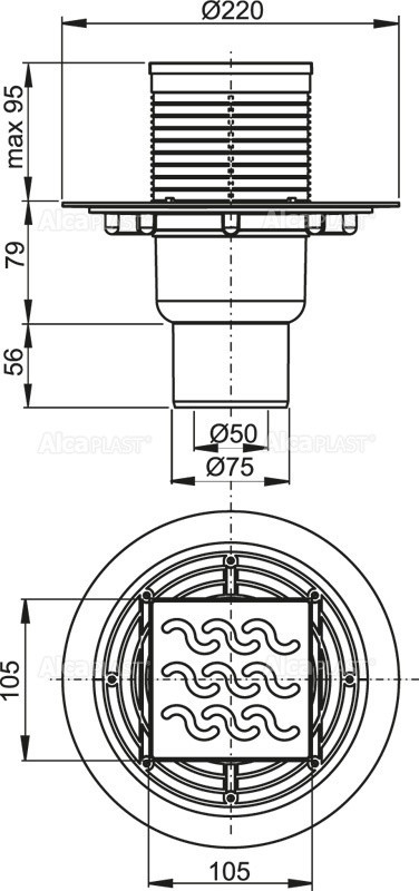 Сливной трап 105×105/50/75 мм прямой сток, решетка из нержавеющей стали, гидрозатвор мокрый Alcadrain APV202