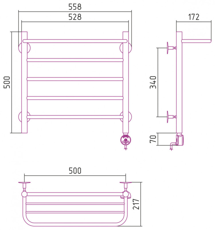Полотенцесушитель электрический Стилье Формат 20 ТП 500х500 (Полка + 4) П16 Без покрытия