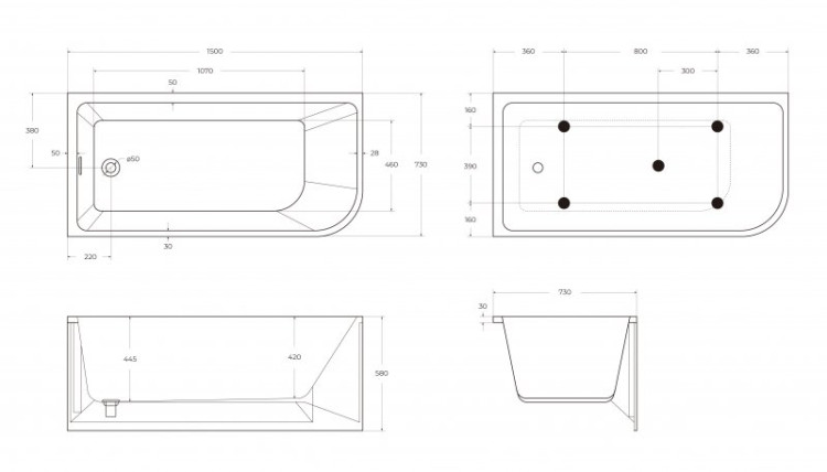 Пристенная, прямоугольная акриловая ванна в комплекте со сливом-переливом Cezares BB712-1700-730-L