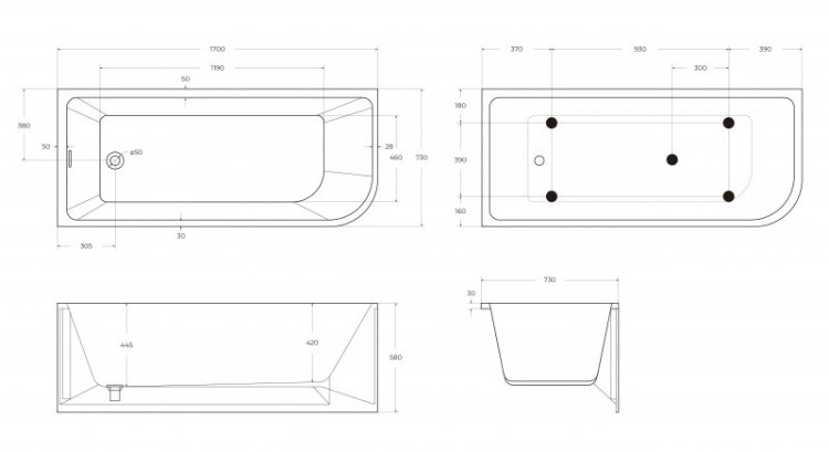 Пристенная, прямоугольная акриловая ванна в комплекте со сливом-переливом Cezares BB712-1700-730-L