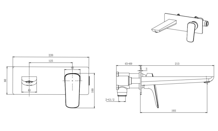 Смеситель для раковины настенный (внешняя и скрытая часть) Aquatek AQ1013CR ВЕГА
