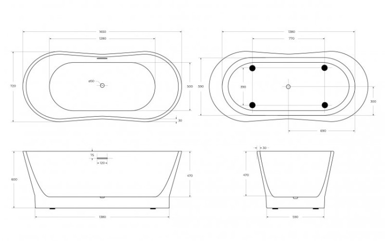 Отдельностоящая, овальная акриловая ванна в комплекте со сливом-переливом цвета хром BelBagno BB406-1650-730