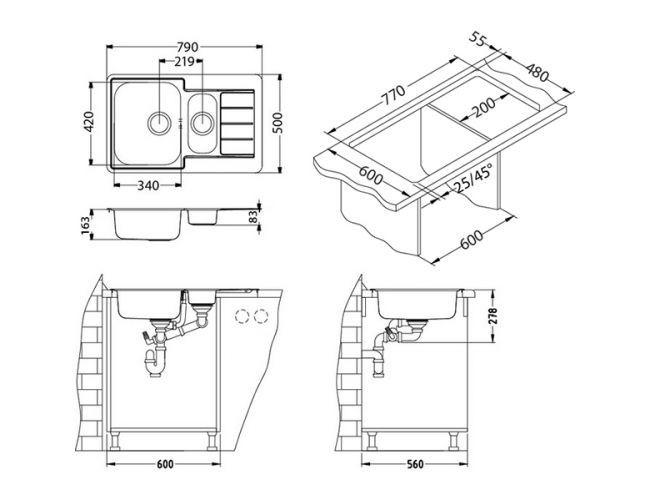 Мойка LINE 70 NAT-90 790X500 в компл. с сифоном 1130555,