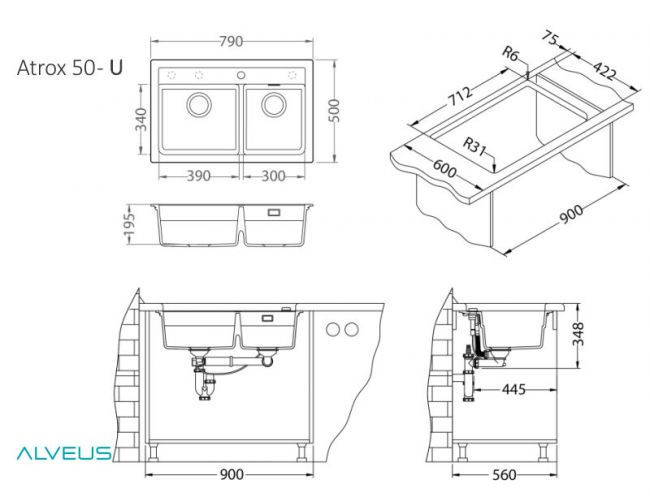 Мойка ALVEUS GRANITAL ATROX 50 TERRA - G22 в комплекте с сифоном 1132822,