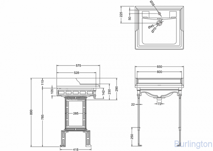 Классическая раковина на 1 или 2 отверстия, с подстольем из белого алюминия