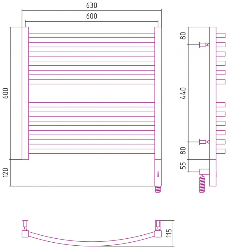 Полотенцесушитель электрический Сунержа Аркус 3.0 600х600 МЭМ правый Без покрытия