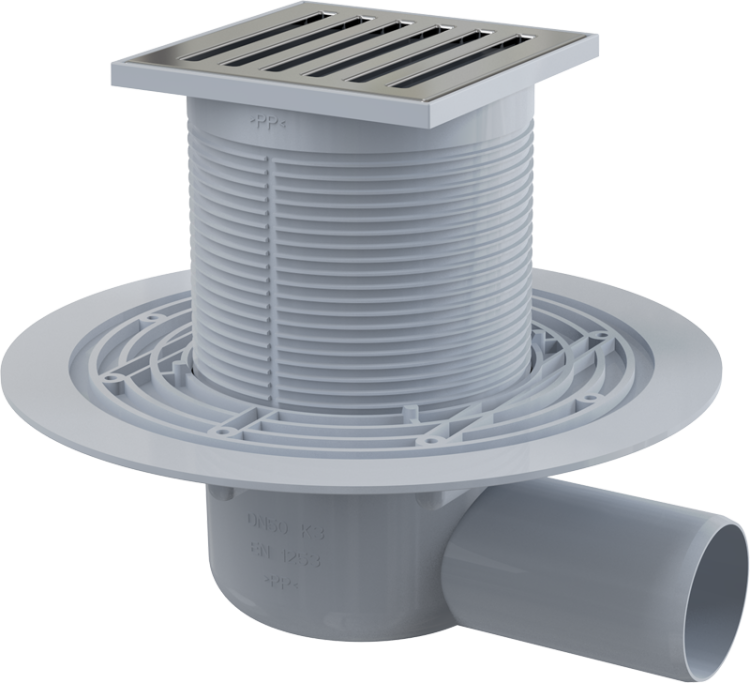Сливной трап 105×105/50 мм боковой сток, решетка из нержавеющей стали, гидрозатвор мокрый Alcadrain APV103