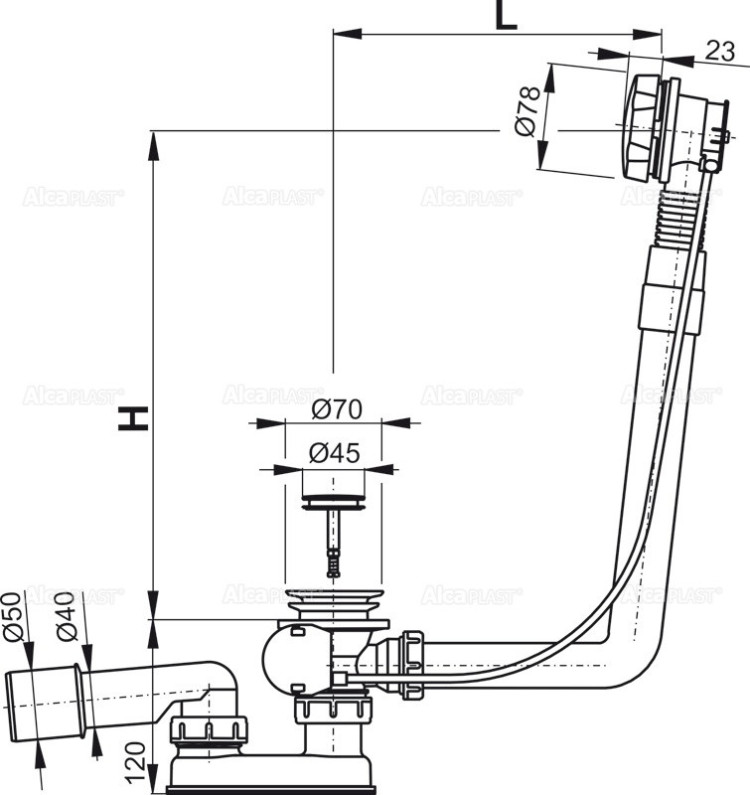 Сифон для ванны автомат комплект, металл Alcadrain A550K