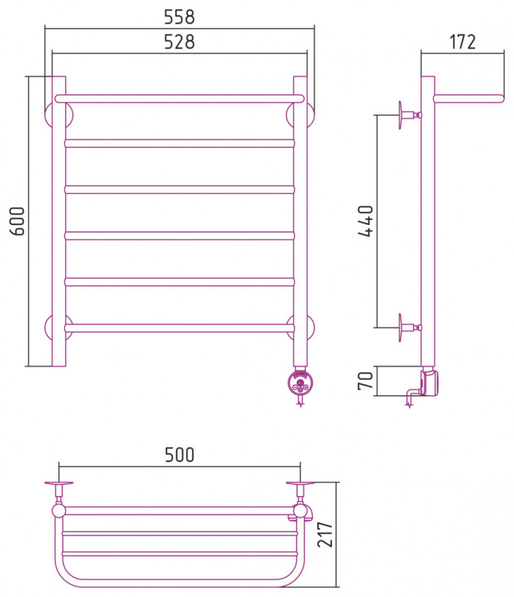 Полотенцесушитель электрический Стилье Формат 20 ТП 600х500 (Полка + 5) П16 Без покрытия