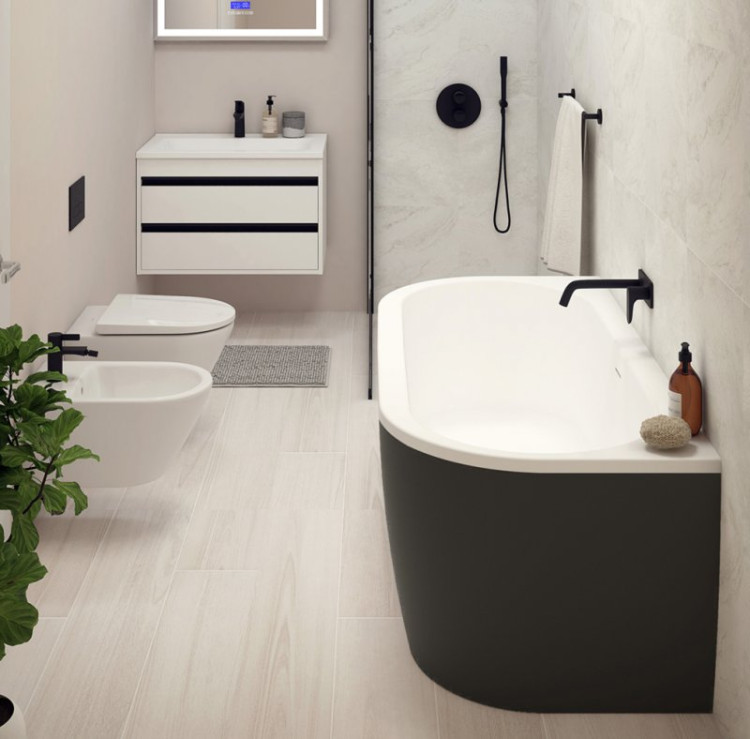 Акриловая ванна пристенная, чёрная фронтальная панель, белая чаша Cezares SLIM WALL-180-80-60-NERO-SET