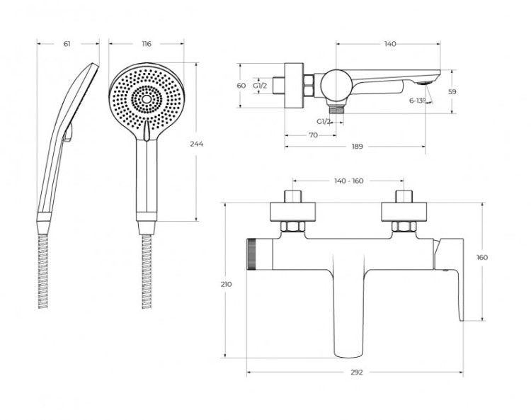 Смеситель для ванны и душа в комплекте с ручным душем, шлангом и держателем Cezares LUX-VD-01