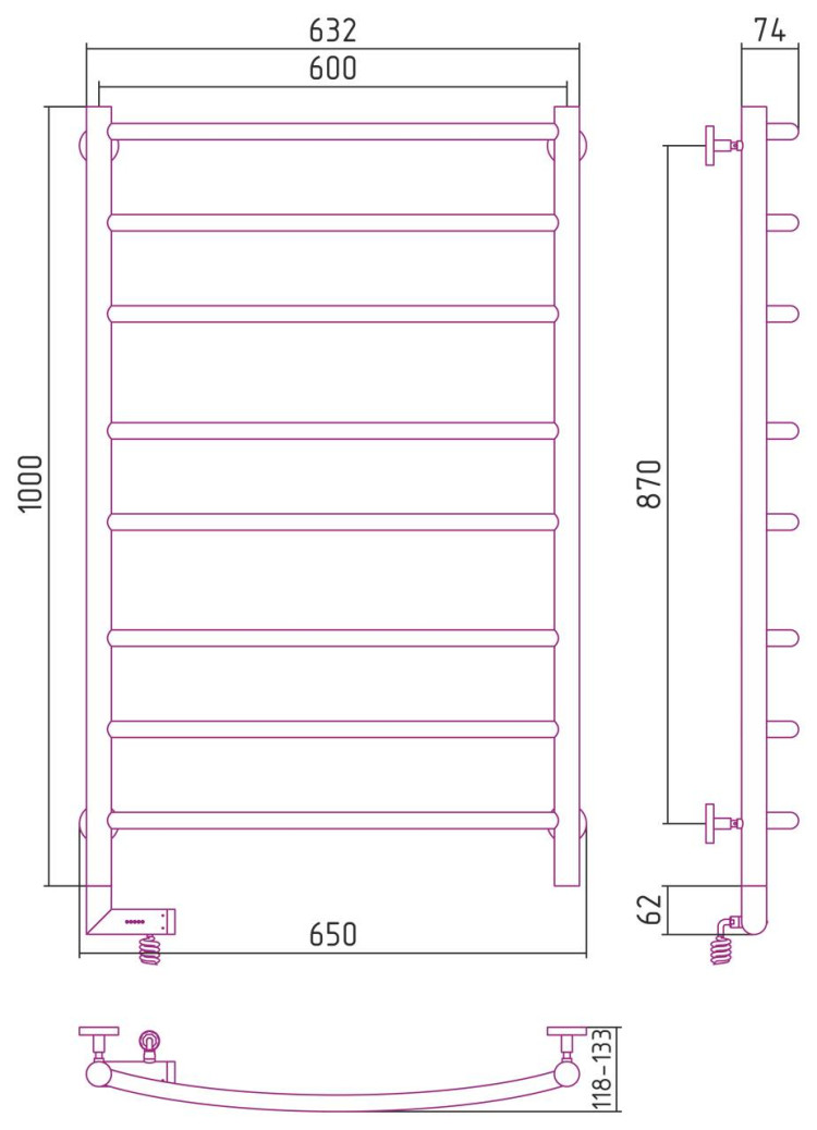 Полотенцесушитель электрический Сунержа Галант 2.0 1000х600 МЭМ левый Без покрытия