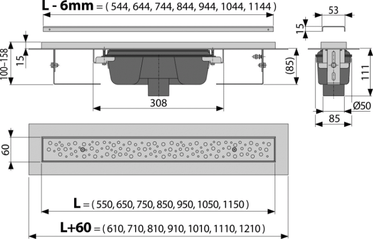 Водоотводящий желоб Antivandal с решеткой, вертикальный сток Alcadrain APZ1011
