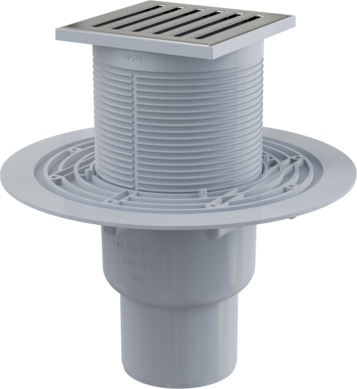 Сливной трап 105×105/50/75 мм прямой сток, решетка из нержавеющей стали, гидрозатвор мокрый Alcadrain APV203