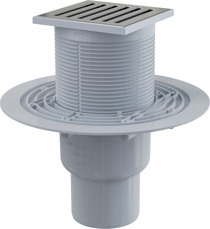Сливной трап 105×105/50/75 мм прямой сток, решетка из нержавеющей стали, гидрозатвор мокрый Alcadrain APV203