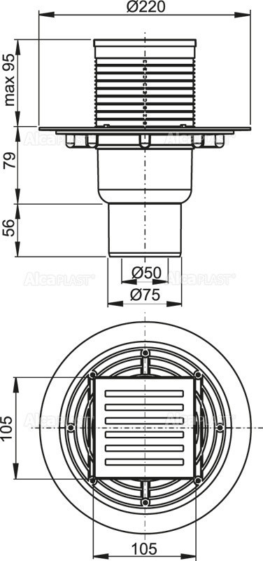 Сливной трап 105×105/50/75 мм прямой сток, решетка из нержавеющей стали, гидрозатвор мокрый Alcadrain APV203