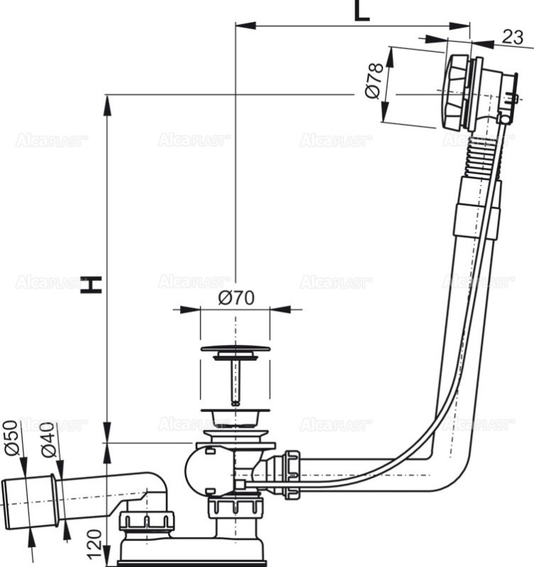 Сифон для ванны автомат комплект, металл Alcadrain A550KM