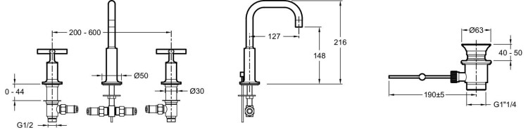 Смеситель для раковины на 3 отверстия, высокий неподвижный излив Jacob Delafon PURIST E144063-CP