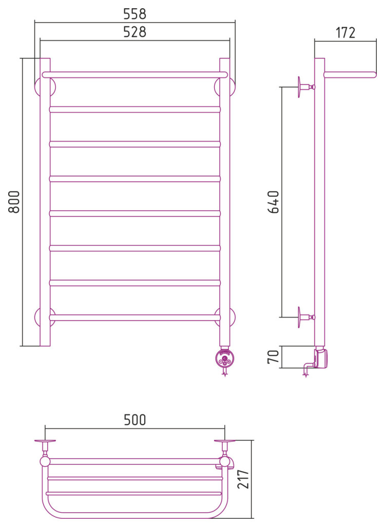 Полотенцесушитель электрический Стилье Формат 20 ТП 800х500 (Полка + 7) П16 Без покрытия