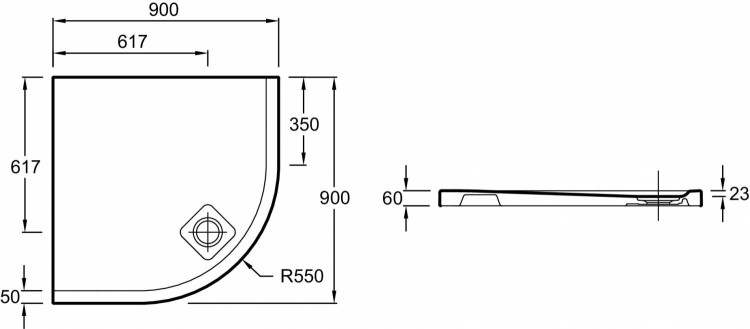 Ультратонкий душевой поддон 1/4 круг, 90 х 90 х 6 см Jacob Delafon ODEON UP N124K-00