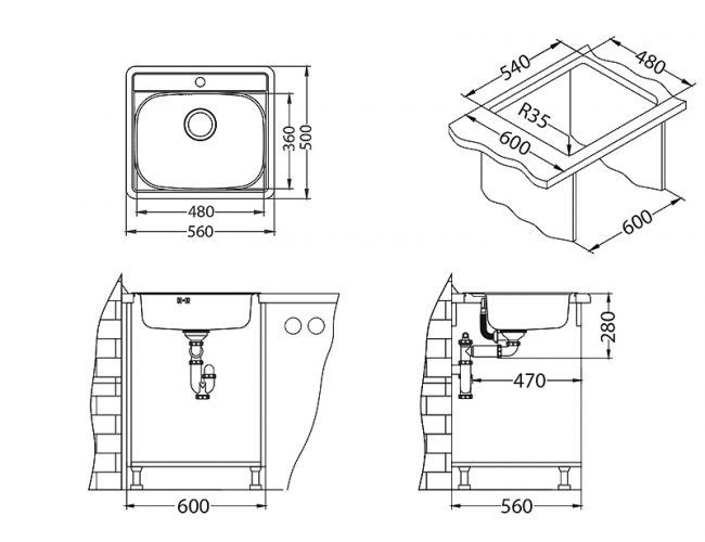 Мойка MORE 10 LEI-90 560X500 в компл. с сифоном 1130550,