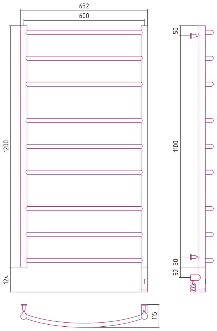 Полотенцесушитель электрический Сунержа Галант 3.0 1200х600 МЭМ правый Без покрытия