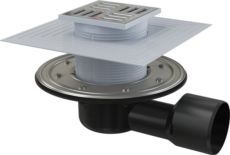 Сливной трап 105×105/50/75 мм боковой сток, решетка из нержавеющей стали, фланец из нержавеющей стали, воротник изоляции 2–го уровня, гидрозатвор сухой и мокрый Alcadrain APV3344