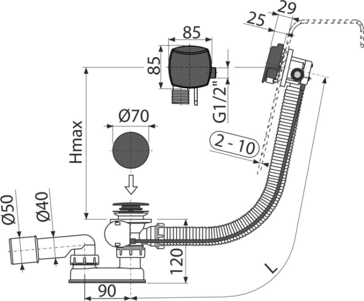 Сифон для ванны автомат с напуском воды через перелив, черный-мат Alcadrain A564BLACK