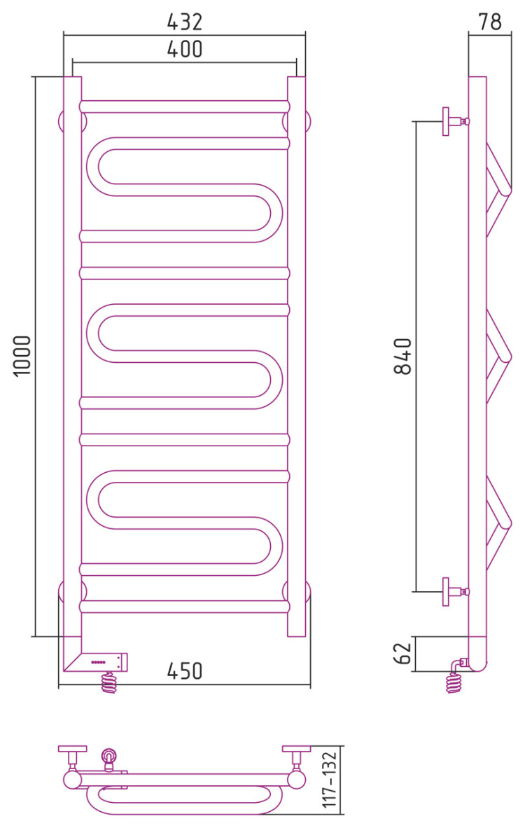 Полотенцесушитель электрический Сунержа Элегия 2.0 1000х400 МЭМ левый Без покрытия