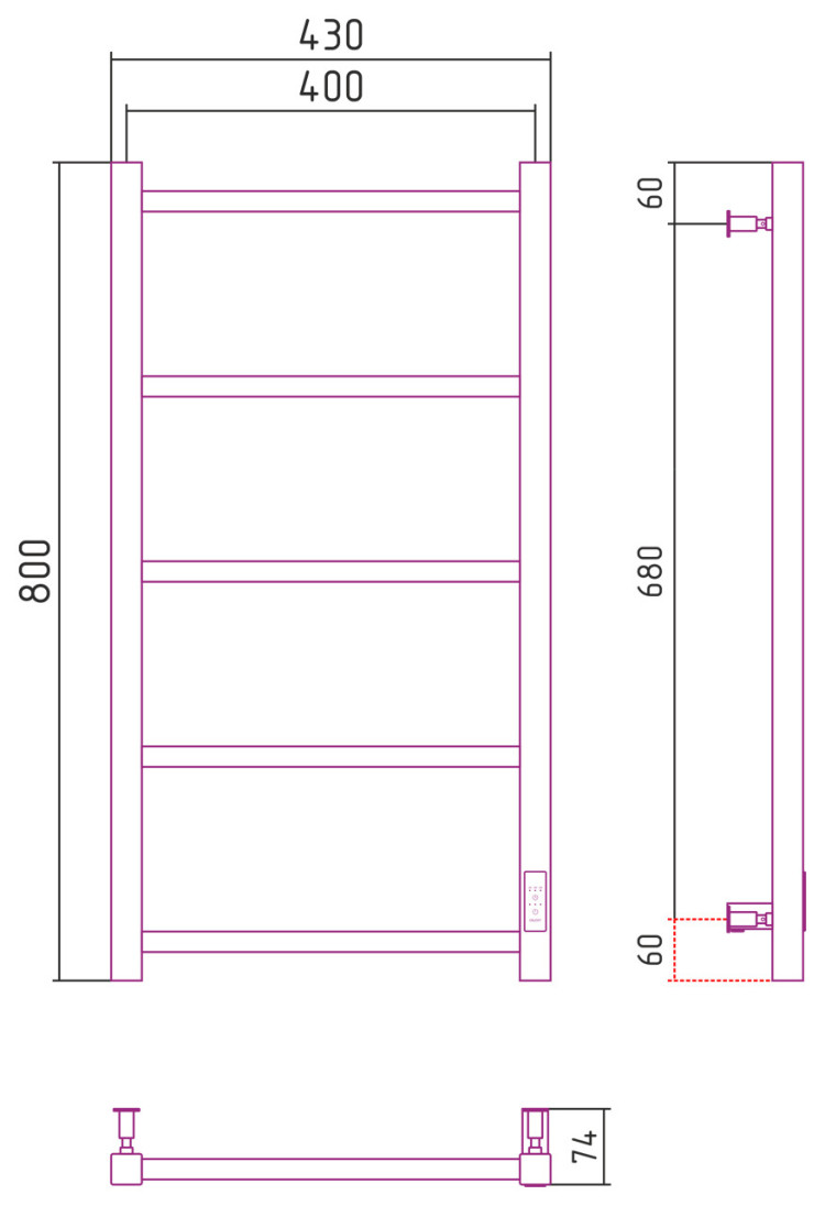 Полотенцесушитель электрический Стилье Формат 25 800х400 Матовый чёрный