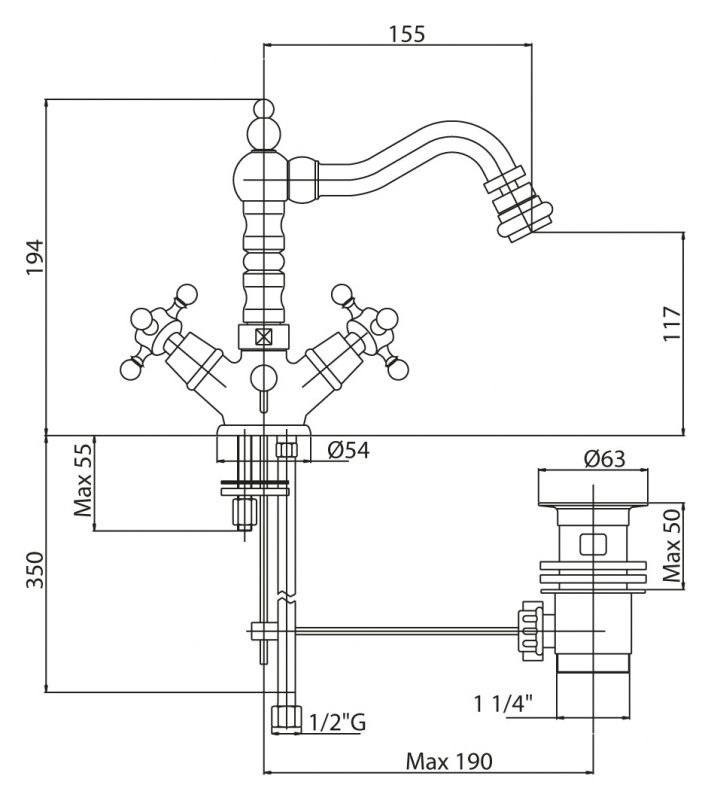 Смеситель для биде c донным клапаном Cezares LORD-BS2-01