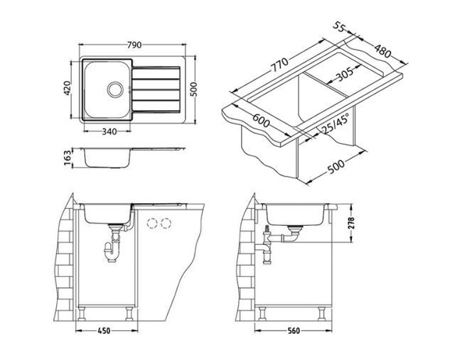 Мойка LINE 80 NAT-90 790X500 в комплекте с сифоном 1130551,