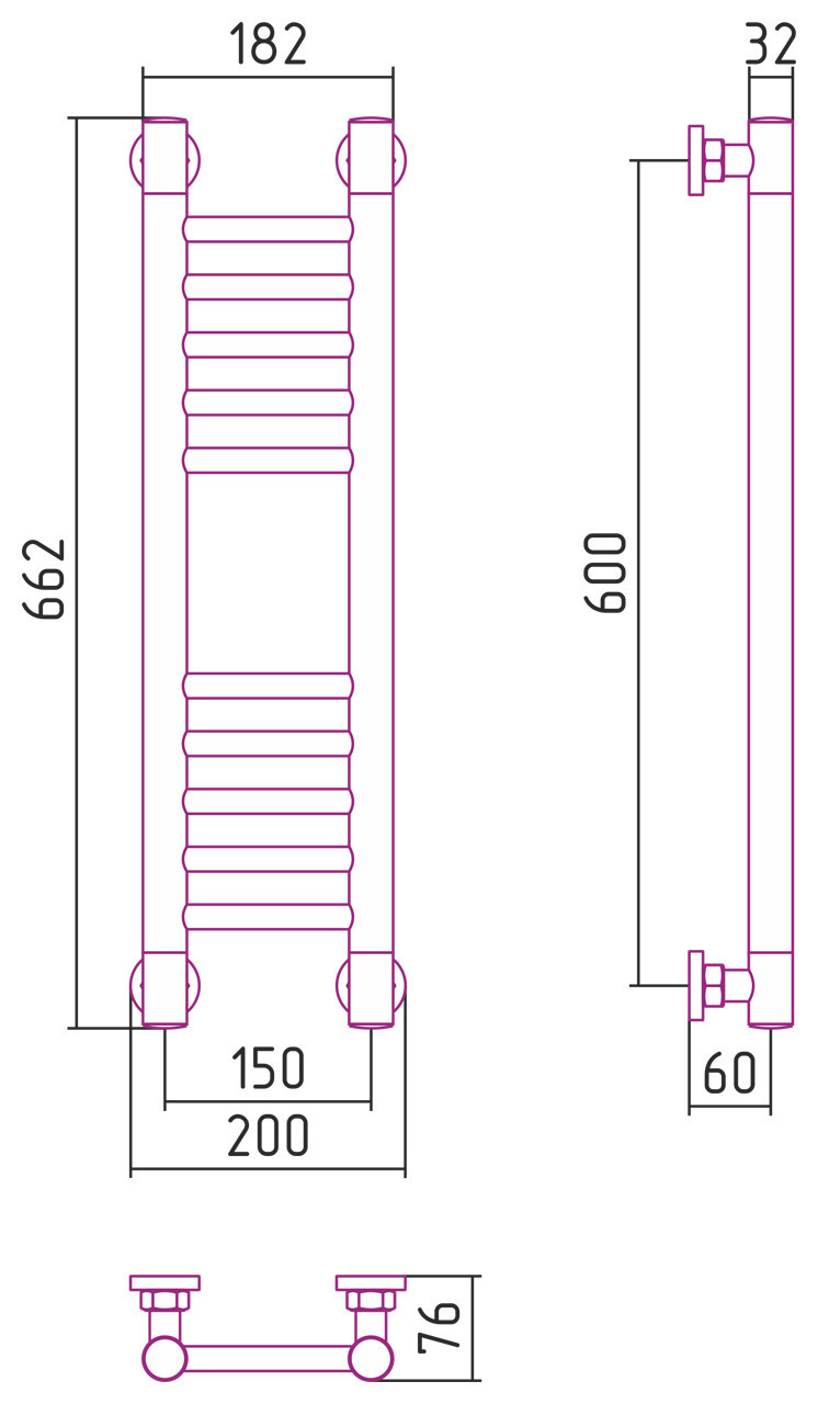 Полотенцесушитель водяной Сунержа Богема+ прямая 600х150 Матовый чёрный