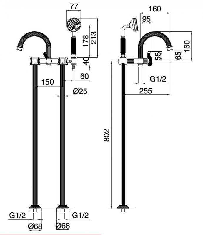 Напольный смеситель для ванны с ручным душем Cezares APHRODITE-VDP-03/24-O