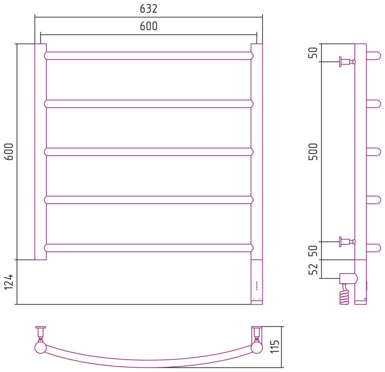 Полотенцесушитель электрический Сунержа Галант 3.0 600х600 МЭМ правый Матовая шампань