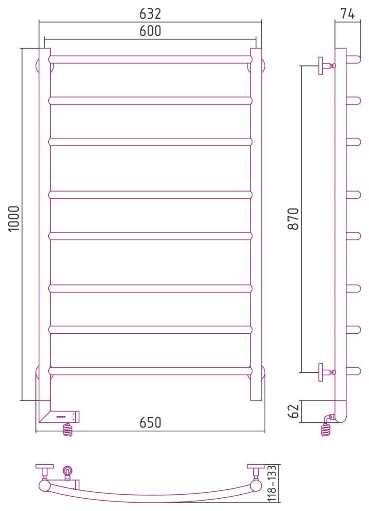 Полотенцесушитель электрический Сунержа Галант 2.0 1000х600 МЭМ левый Матовый чёрный