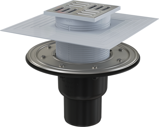 Сливной трап 105×105/50/75 мм прямой сток, решетка из нержавеющей стали, фланец из нержавеющей стали, воротник изоляции 2–го уровня, гидрозатвор сухой и мокрый Alcadrain APV4344