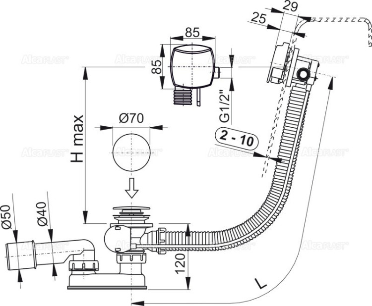 Сифон для ванны автомат с напуском воды через перелив, хром Alcadrain A564CRM1