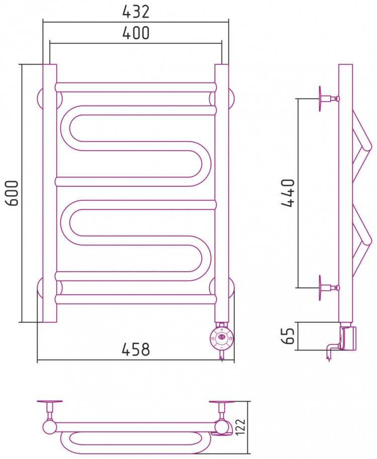 Полотенцесушитель электрический Стилье Формат 22 600х400 правый Без покрытия