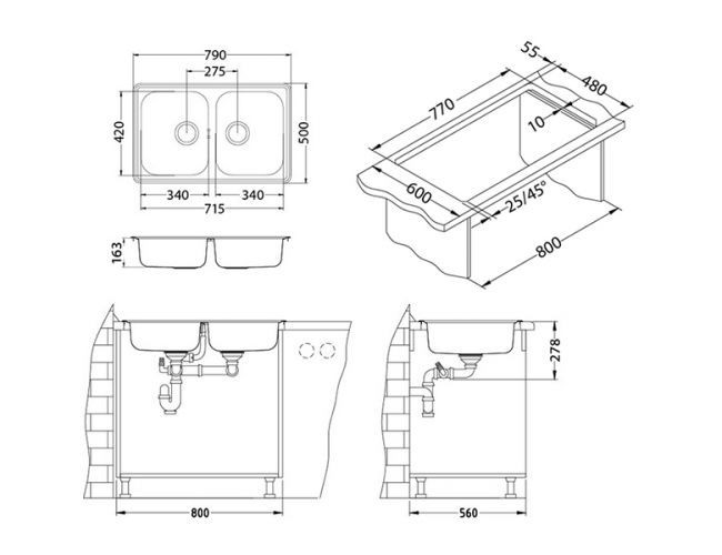 Мойка LINE 90 NAT-90 790X500 2X в компл. с сифоном 1130555,