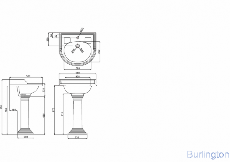 Классическая раковина на 1 отверстие с круглым пьедесталом