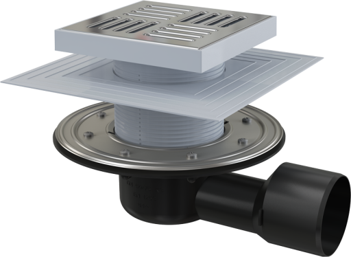 Сливной трап 150×150/50/75 мм боковой сток, решетка из нержавеющей стали, фланец из нержавеющей стали, воротник изоляции 2–го уровня, гидрозатвор сухой и мокрый Alcadrain APV3444